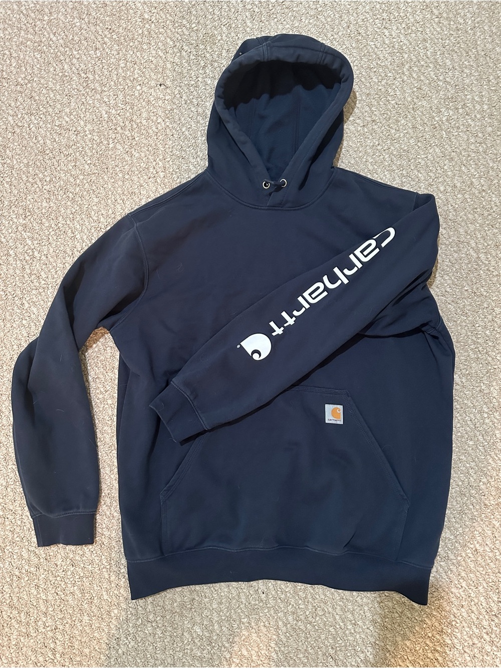 Carhartt Navy Blue Hooded Sweatshirt with White Sleeve Logo